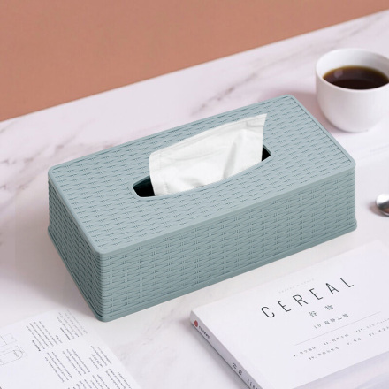 Plastic Rattan Rectangular Tissue Box (Blue-Gray)