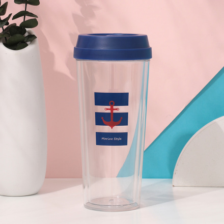 كوب قهوة بلاستيكي مزدوج الجدار مضاد للسقوط على الطراز البحري (أزرق) (520 مل / 17.5 أونصة.)