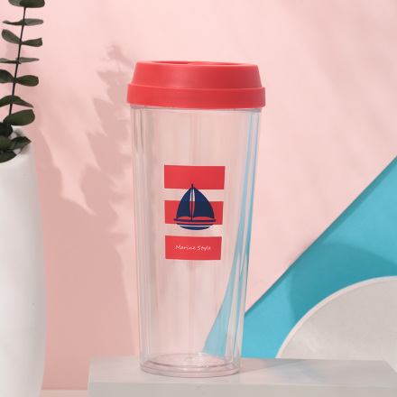 كوب قهوة بلاستيكي مزدوج الجدار مضاد للسقوط بتصميم مارين (أحمر) (520 مل / 17.5 أونصة.)