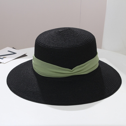 Trendy Wide Brim Straw Beach Hat - Black
