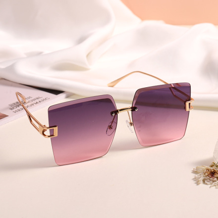 Rimless Cut Edge Metallic Sunglasses (Golden Frame Purple-Pink Lens)