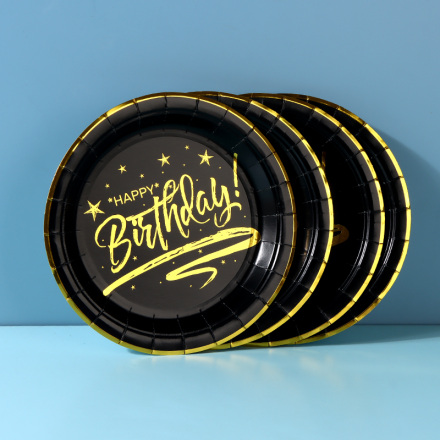 Black Gold Birthday Circular Paper Plate - Large (6 PCS)