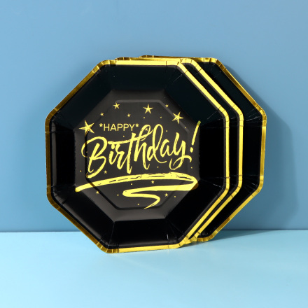 Black Gold Birthday Octagonal Paper Plate (6 PCS)