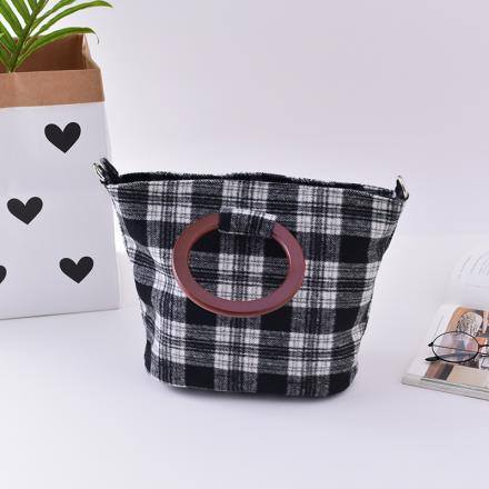 Plaid Handbag Purse with Wooden Handle
