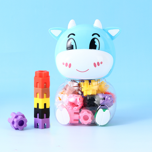 Hexagonal Building Blocks with Cute Blue Cow Shaped Container