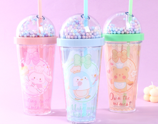 380ml12.84fl.oz. Dessert Series Double-Layer Basic Plastic Cup with Straw